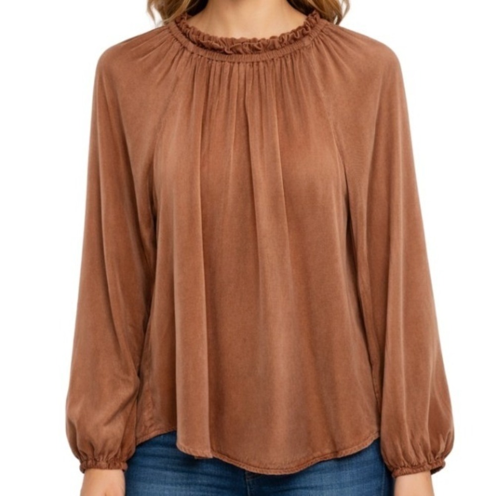 Cloth‎ & Stone Womens Ruffle Mock Neck Blouse Terracotta Brown Cupro Rayon M